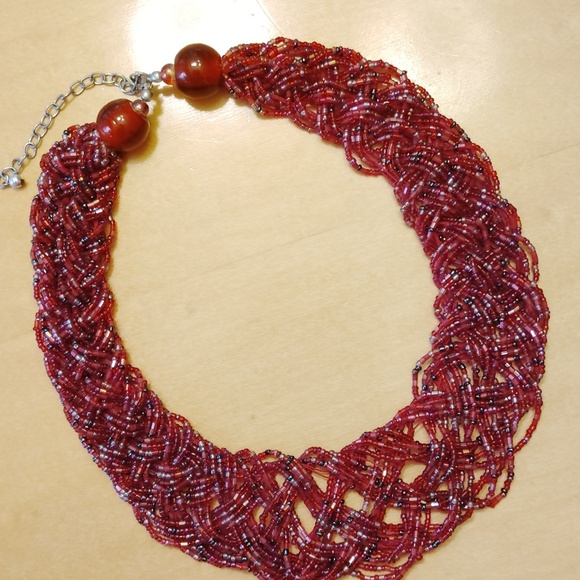Glass seed bead vintage woven red necklace - Picture 6 of 6